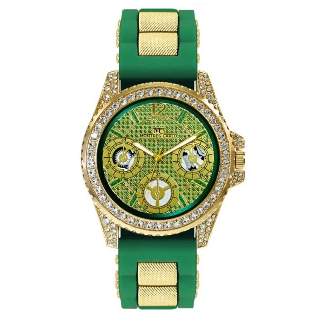 48mm Montres Carlo Men's Fashion Stones Sport Silicone Green Band Dress Watch